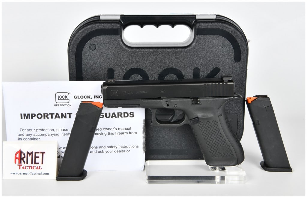 Glock 17 Gen 5 Semi-Automatic Pistol 9x19mm Serial Number BGTW374: This lot consists of a Glock Model 17 Gen 5 Semi-Automatic Pistol, chambered in 9x19mm. The pistol features a matte black finish on the slide and a black polymer frame. This Gen 5 model incorporates