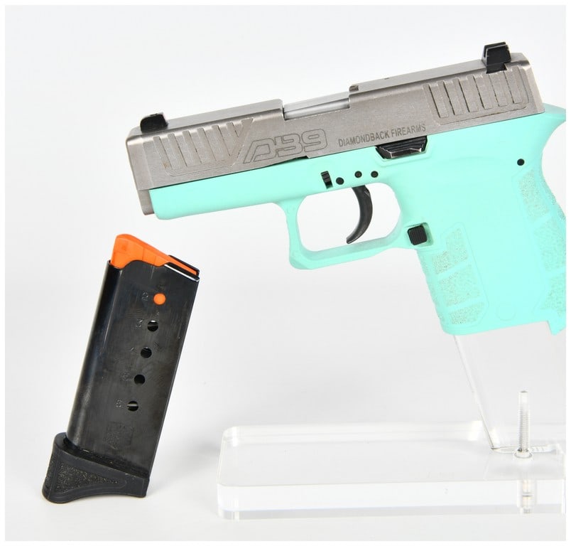 Diamondback DB9 Semi-Automatic Pistol (9x19+P) Serial Number YN2413: A single Diamondback Firearms Model DB9 semi-automatic pistol, identified by the markings on the slide and frame, chambered for 9x19+P ammunition. The pistol features a striker-fired action and a dist