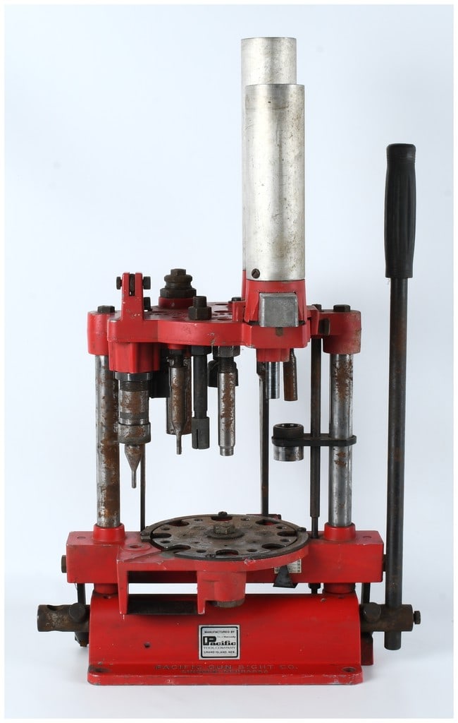 Pacific/Hornady 366 Progressive Shotshell Reloading Press: This is a single progressive ammunition reloading press, identified through markings and web consensus as the Pacific/Hornady Model 366 Shotshell Reloader. The press features a heavy cast metal frame