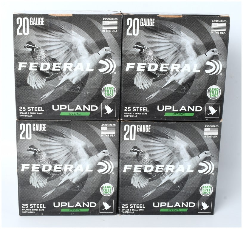 Federal Upland Steel 20 Gauge 2 3/4 inch Shotshell Ammunition Lot of 100 Rounds: A lot of 100 rounds of Federal Upland Steel Shotshell Ammunition, packaged in four factory boxes containing 25 shells each. These are 20 Gauge, 2 3/4 inch (70mm) shotshells designed for Upland and