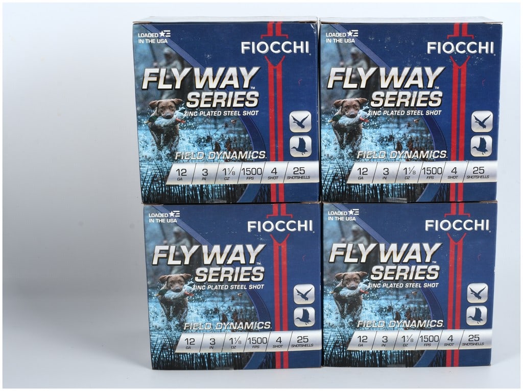 Fiocchi Flyway Series Field Dynamics 12 Gauge #4 Steel Shot Ammunition Lot of 100: This lot consists of 100 rounds of Fiocchi Flyway Series Field Dynamics shotshell ammunition, packaged in four factory boxes of 25 rounds each. The ammunition is 12 Gauge, 3-inch (76MM) length,