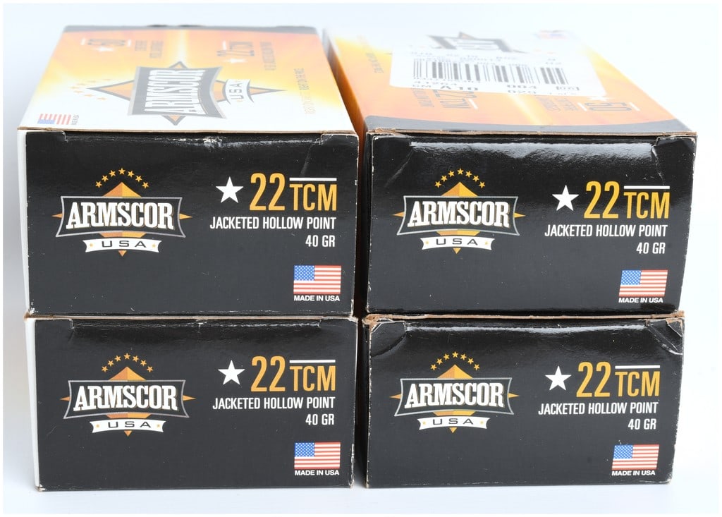 Armscor USA .22 TCM 40 Grain Jacketed Hollow Point Ammunition Lot (200 Rounds): A lot of 200 rounds of Armscor USA .22 TCM centerfire ammunition. The lot consists of four (4) factory boxes and loose cartridges, all featuring 40 Grain Jacketed Hollow Point (JHP) projectiles. This