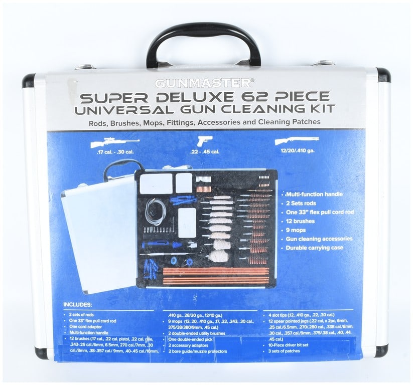 DAC Technologies Gunmaster Super Deluxe 62 Piece Universal Gun Cleaning Kit: This lot consists of a DAC Technologies Gunmaster Super Deluxe 62 Piece Universal Gun Cleaning Kit. This is a comprehensive firearm accessory designed for cleaning rifles, pistols, and shotguns,