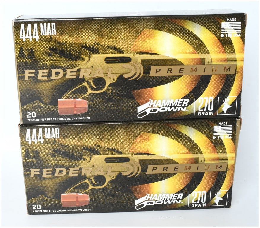 A Lot of 40 Rounds of Federal Premium HammerDown .444 Marlin 270 Grain Centerfire Rifle Ammunition: This lot consists of 40 rounds of modern centerfire rifle ammunition, packaged in two factory boxes of 20 rounds each. The ammunition is manufactured by Federal Premium under their HammerDown line,