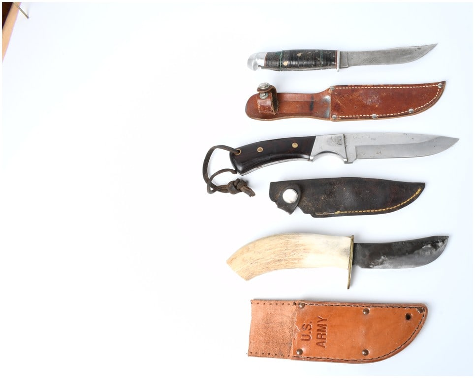 Collection of Three Fixed-Blade Knives and Associated Sheaths, including KA-BAR Style Military Issue (1 of 9)