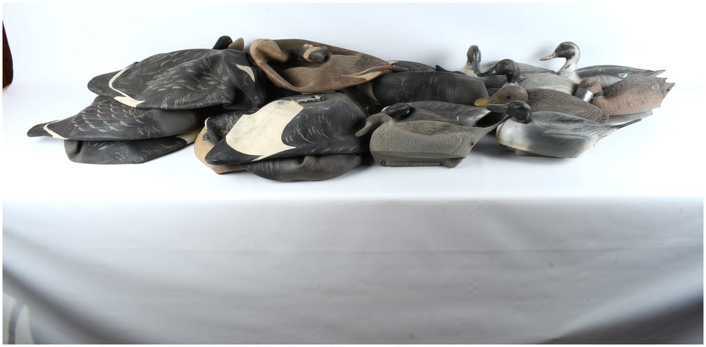 A Collection of 15 Vintage Hunting Decoys including Rex Collapsible Goose and Hard Plastic Duck (1 of 9)
