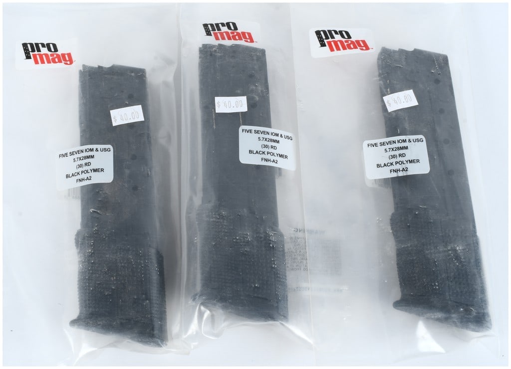 Trio of ProMag FNH-A2 Detachable Box Magazines for FN Five-seveN (5.7x28mm, 30-Round): A trio of three new-in-package detachable box magazines manufactured by ProMag. These accessories are designated Model FNH-A2 and are designed for use with the FN Five-seveN IOM and USG pistols chambe