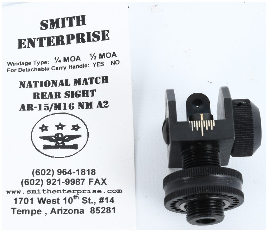 Smith Enterprise AR-15 M16 NM A2 National Match Rear Sight Assembly: Smith Enterprise AR-15/M16 NM A2 National Match Rear Sight Assembly. This is a single rear sight assembly designed for precision shooting applications, intended for mounting to an AR-15 or M16 detacha