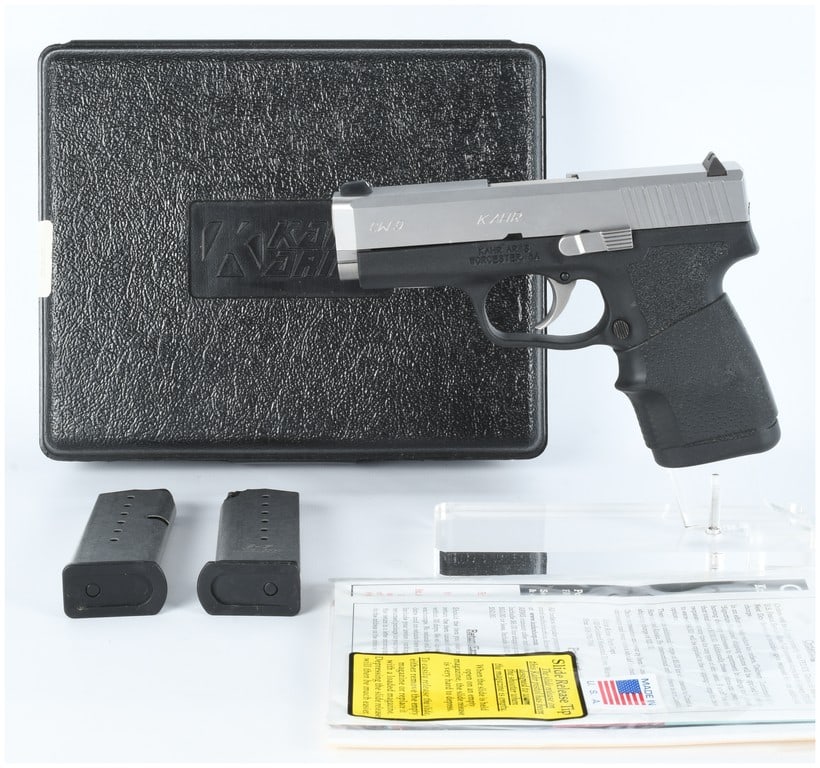 Kahr Arms CW9 Semi-Automatic Pistol 9x19mm Serial Number EF4426: This is a Kahr Arms CW9 semi-automatic pistol, Serial Number EF4426, chambered for the 9x19mm cartridge. The pistol features a two-tone configuration, utilizing a matte stainless steel slide paired wi