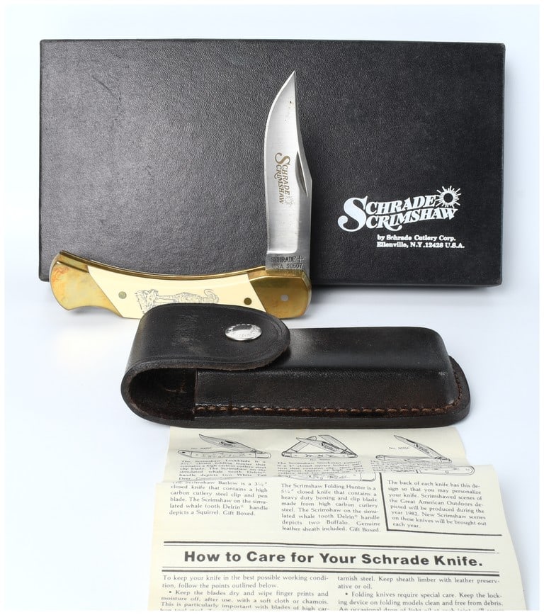 Schrade USA Vintage Scrimshaw SC507 Lockback Folding Knife Ram Design Set (1 of 8)