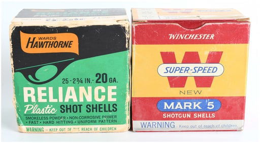 A Lot of 50 Vintage 20 Gauge Shotgun Shells by Wards Hawthorne and Winchester Super-Speed Mark 5