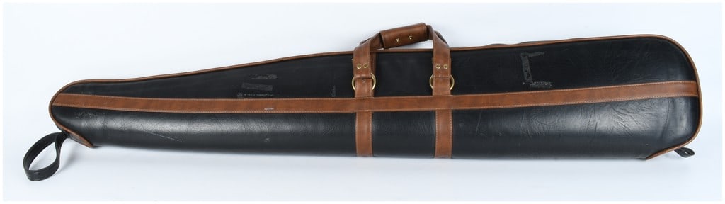 Soft-Sided Black Vinyl and Brown Faux Leather Long Gun Case: A soft-sided long gun carrying case designed for a rifle or shotgun. The exterior is constructed of black vinyl or faux leather material, accented by contrasting brown faux leather trim, handles, and