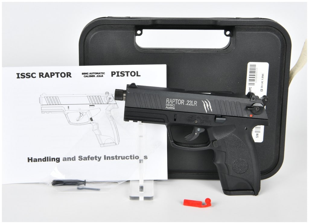 ISSC Raptor Semi-Automatic Pistol, .22 LR, Serial Number BLA004504: ISSC Raptor semi-automatic pistol, Serial Number BLA004504. This modern pistol is chambered in .22 Long Rifle (.22 LR) and features a polymer frame with a matte black finish. The configuration