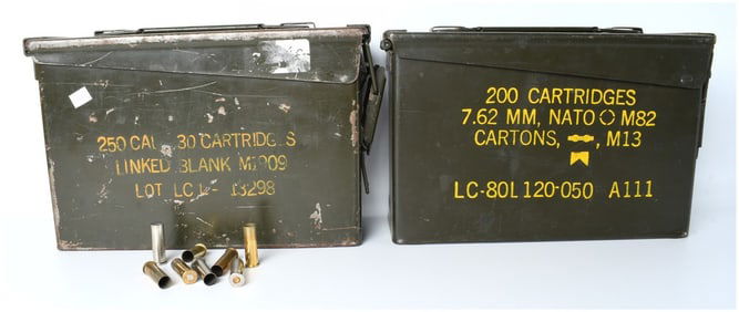 A Collection of Two US Military Surplus Ammunition Cans and Spent Cartridge Casings