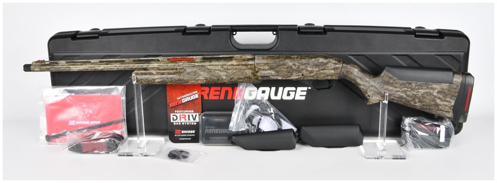 Savage Arms Renegauge Semi-Automatic Shotgun 12 Gauge Mossy Oak Camouflage (RG00866): This lot consists of one Savage Arms Renegauge semi-automatic shotgun, Serial Number RG00866. The firearm is chambered for 12 Gauge, capable of accepting both 2 3/4-inch and 3-inch shells, as marked o