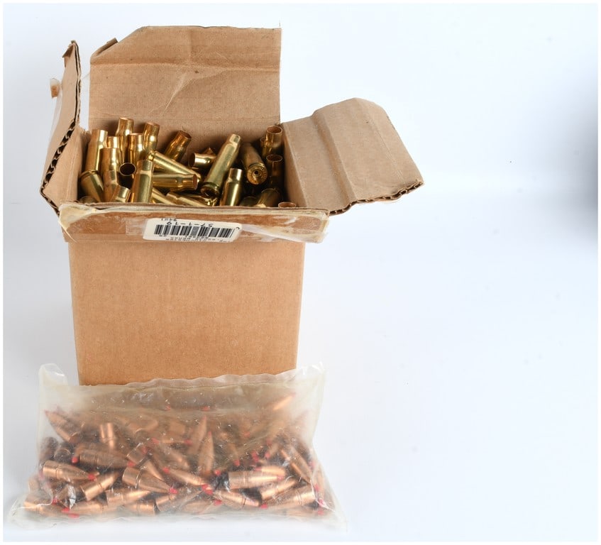 Lot of 100 Empty 7.62x39mm Brass Casings and 100 7.62x39mm Polymer-Tipped Projectiles: This lot consists of ammunition reloading components for the 7.62x39mm caliber. The lot includes 100 empty 7.62x39mm brass casings and 100 count of 7.62x39mm bullet tips (projectiles). The brass casin