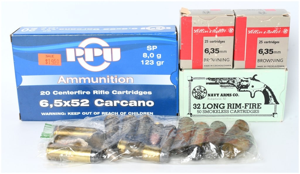 A Large Lot of 185 Rounds of Mixed Ammunition Including 6,5x52 Carcano and 6,35mm Browning: This is a comprehensive lot of 185 rounds of mixed ammunition, consisting of both modern packaged cartridges and vintage loose rounds. The lot includes four distinct boxes of factory ammunition. The f