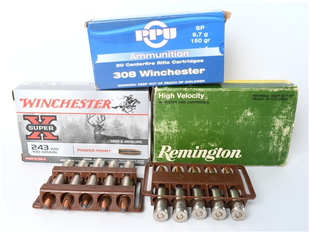 A Lot of 70 Centerfire Rifle Cartridges in Three Calibers: .308 Winchester, .243 Winchester, and: This lot consists of 70 centerfire rifle cartridges from various manufacturers, packaged in three factory boxes and two 10-round plastic trays, plus additional loose rounds stored in factory packaging