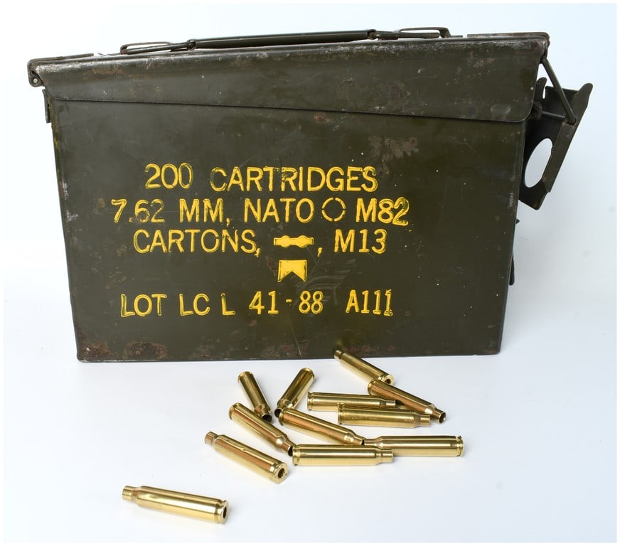 Military Surplus 7.62mm NATO Ammunition Can with Bulk Lot of Cleaned Empty Brass Rifle Casings (1 of 2)