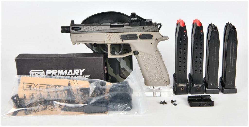 CZ P07 Semi-Automatic Pistol with Vortex Optic and Accessories: CZ P07 semi-automatic pistol. The pistol features a tan polymer frame and a contrasting dark gray slide, currently fitted with a threaded barrel and a mounted Vortex Viper red dot optic. The pistol be