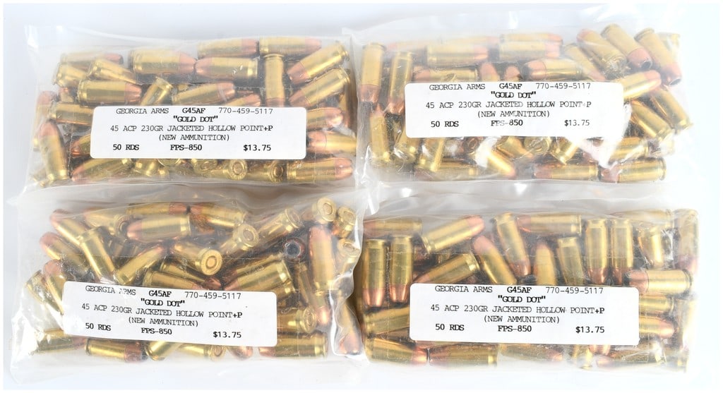 A Lot of 200 Rounds of Georgia Arms Gold Dot 45 ACP 230 Grain Jacketed Hollow Point +P Ammunition: This lot consists of 200 rounds of centerfire pistol ammunition manufactured or sold by Georgia Arms. The ammunition is packaged in four separate, sealed plastic bags, each containing 50 rounds. The l