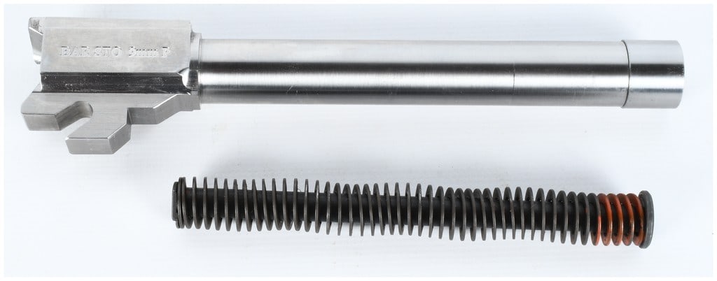 Bar-Sto Match Grade Stainless Pistol Barrel and Recoil Spring Assembly, 9mm P: This lot consists of two high-quality aftermarket pistol components: a match-grade barrel and a recoil spring assembly. The barrel is constructed of stainless steel and features a satin finish. The