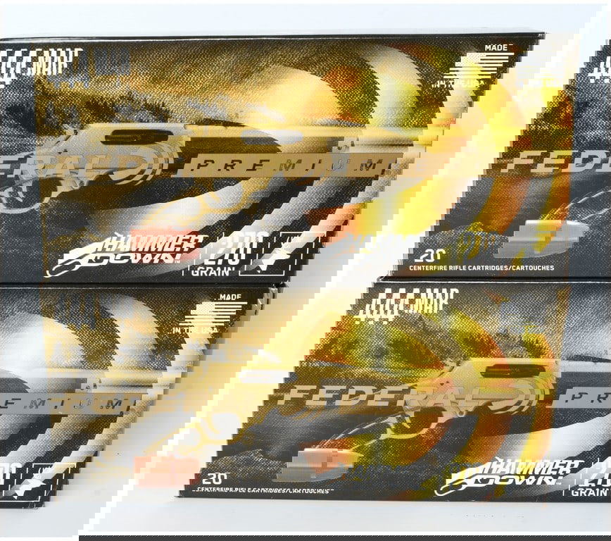 A Lot of 40 Rounds Federal Premium HammerDown 444 Marlin 270 Grain Ammunition: This lot comprises 40 rounds of Federal Premium HammerDown centerfire rifle ammunition in the specialized 444 MAR (Marlin) caliber. The ammunition is packaged in two new, factory-sealed boxes, each