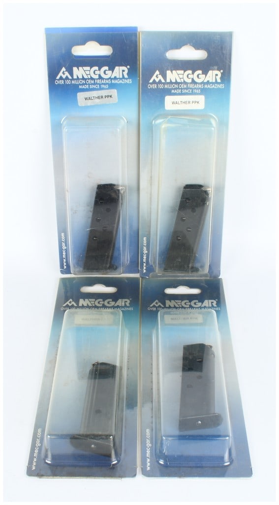 A Group of Four Mec-Gar 6-Round Magazines for Walther PPK .380 ACP: A group of four new old stock (NOS) firearms magazines manufactured by Mec-Gar. These magazines are specifically designed for the Walther PPK pistol, chambered in .380 ACP (9mm Kurz), and feature a