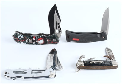 A Collection of 4 Assorted Folding Pocket Knives and Multi-Tools including BUCK and FOREST-MASTER