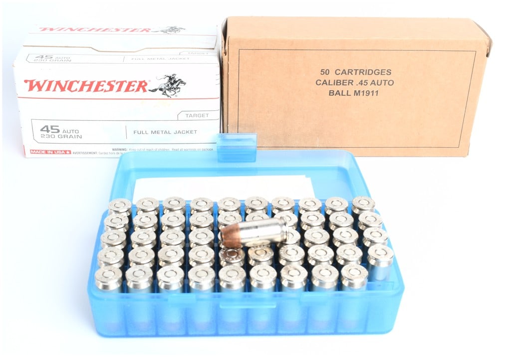 A Lot of 200 Rounds of Mixed .45 AUTO Ammunition by Winchester and Speer: This lot comprises 200 total cartridges of mixed manufacturer and type, all chambered in .45 AUTO (Automatic Colt Pistol). The lot is divided into four distinct groups of 50 rounds each. The first gro