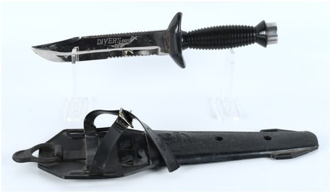A Used Stainless Steel Dive Knife with Sawback Blade and Polymer Sheath, Marked Taiwan