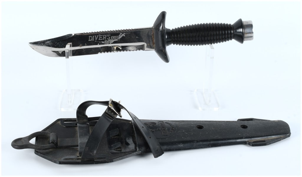 A Used Stainless Steel Dive Knife with Sawback Blade and Polymer Sheath, Marked Taiwan (1 of 8)