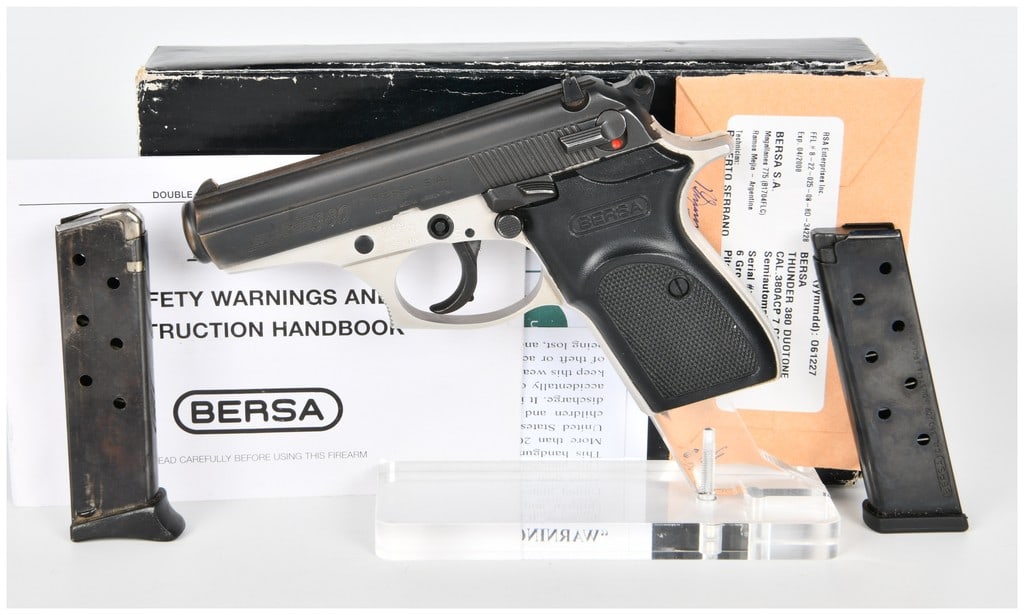 Bersa Thunder 380 Duotone Semi-Automatic Pistol .380 ACP Serial Number S00926: A Bersa Thunder 380 Duotone Semi-Automatic Pistol, Serial Number S00926. This lot consists of 2 primary components: the pistol and its accompanying accessories package (box and paperwork). The pistol 