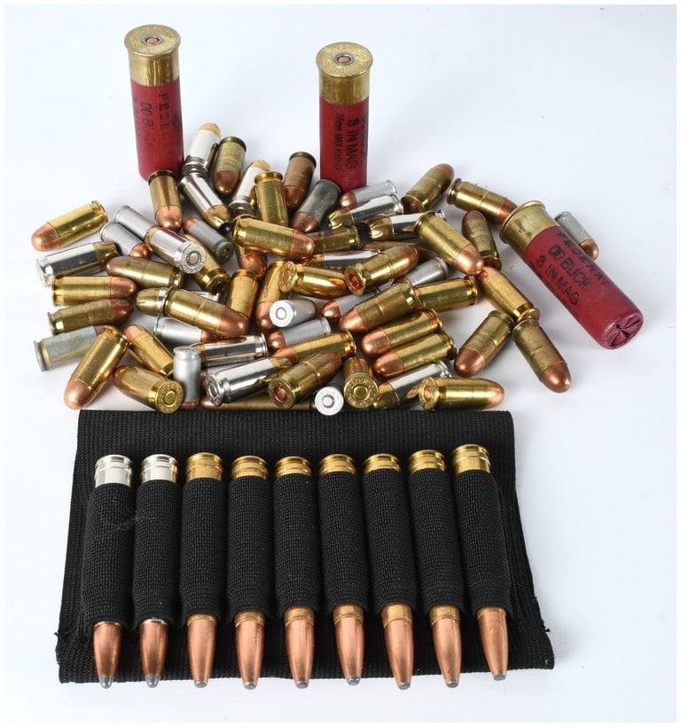 A Collection of Approximately 73 Mixed Ammunition Rounds including 12 Gauge, .338 Win Mag, .45 ACP, (1 of 3)