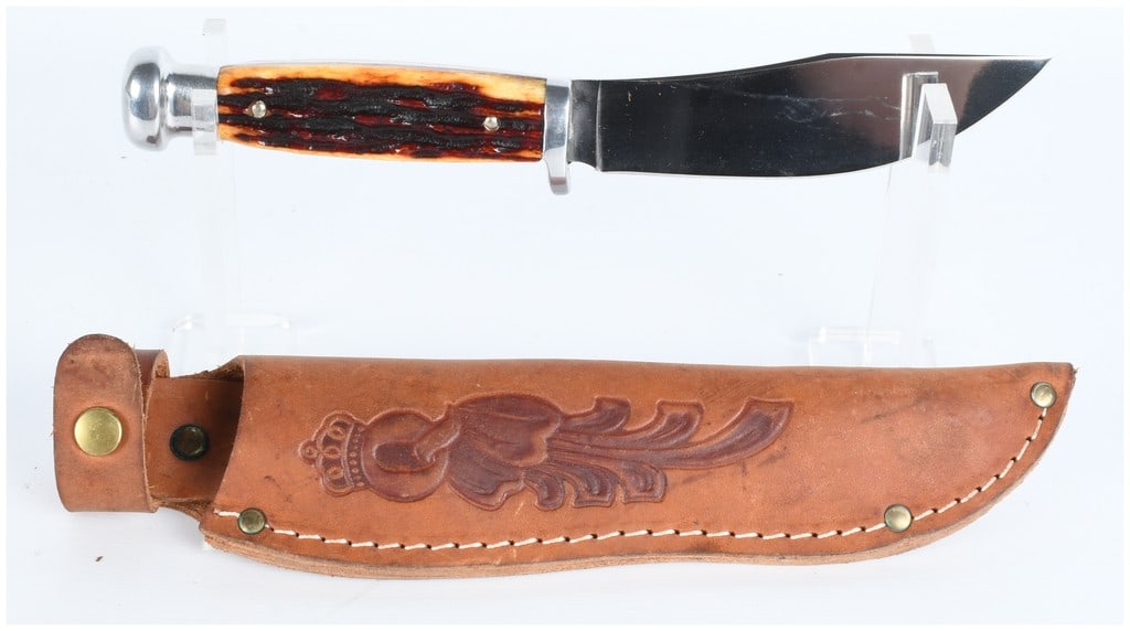 Queen Cutlery Co. #98 Fixed Blade Hunting Knife with Stag Handle and Leather Sheath (1 of 9)