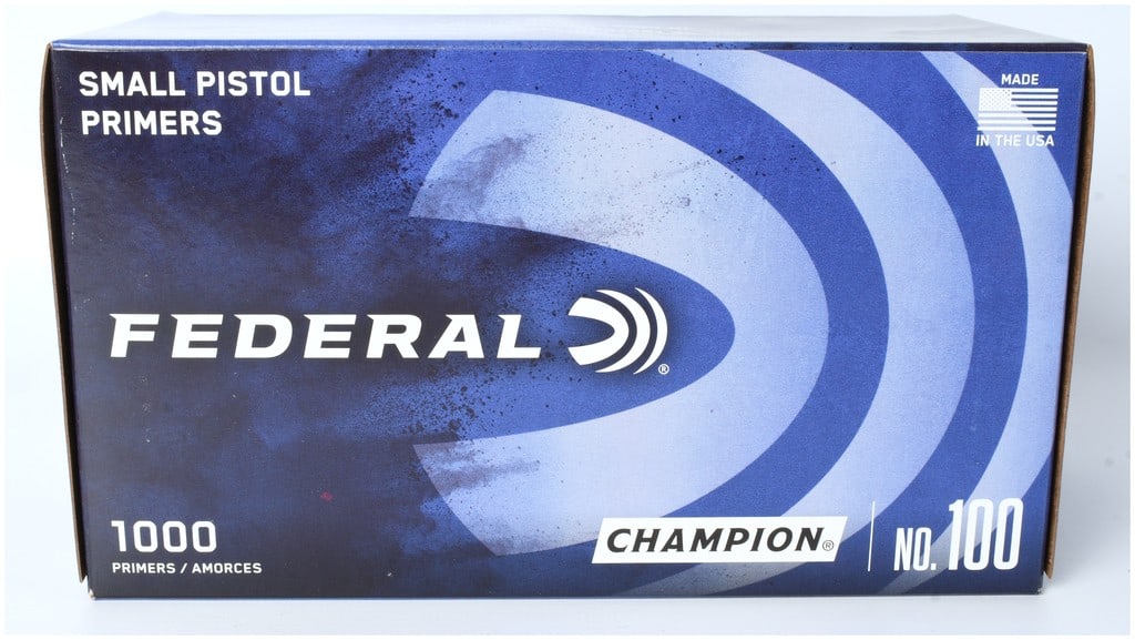 A Lot of 1000 Federal Champion No. 100 Small Pistol Primers: This lot consists of 1000 Federal Champion No. 100 Small Pistol Primers, intended for use in reloading centerfire pistol ammunition. The primers are packaged in the original factory dark blue cardboar