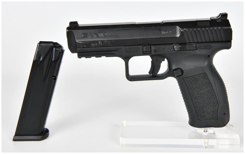 Canik TP9 SA Mod. 2 Semi-Automatic Pistol in 9x19mm, Control Number T6472-18 AP 06351: This is a Canik TP9 SA Mod. 2 semi-automatic pistol, chambered in 9x19mm. The pistol features a black nitride finish on the slide and a textured black polymer frame with an integral Picatinny accessor
