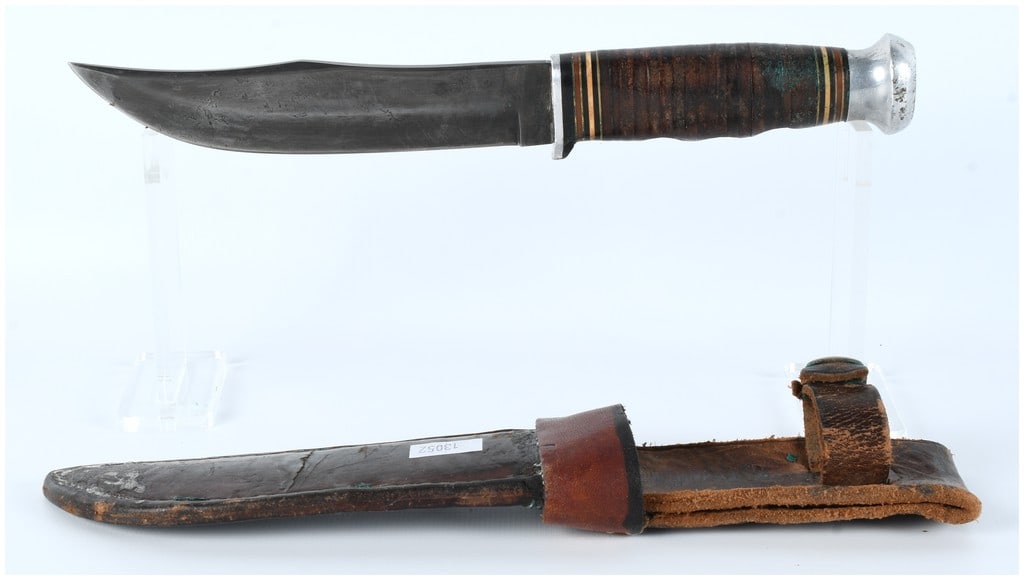 Vintage Stacked Leather Grip Clip-Point Hunting Knife and Sheath (1 of 6)