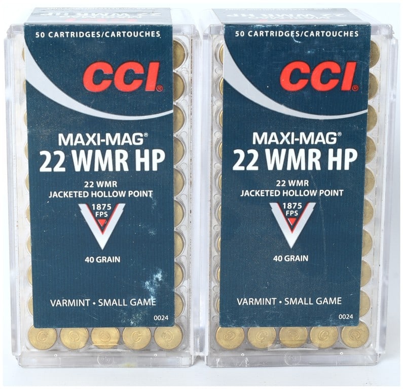 A Lot of 100 Rounds CCI Maxi-Mag .22 WMR 40 Grain Jacketed Hollow Point Ammunition: This lot consists of 100 rounds of CCI Maxi-Mag .22 WMR (Winchester Magnum Rimfire) ammunition, packaged in two separate factory plastic boxes, each containing 50 cartridges. The ammunition is the Jac