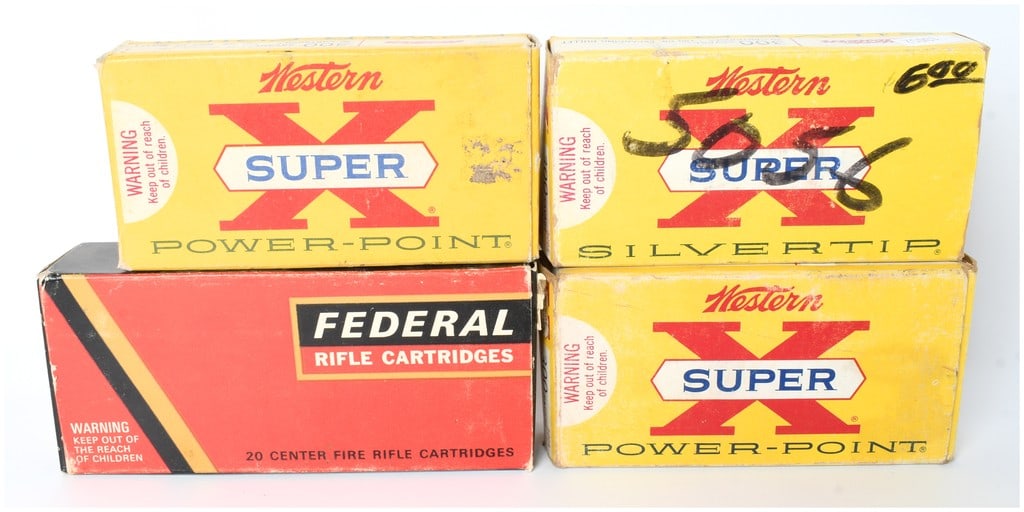 A Lot of Vintage Western Super X and Federal .300 Savage Rifle Ammunition and Brass Cases: A collection of vintage rifle ammunition and components chambered in .300 Savage. The lot includes four original factory boxes and 41 individual components. The packaging consists of three Western Sup
