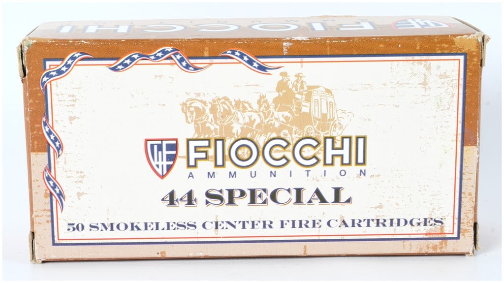 Fiocchi Cowboy Action Ammunition .44 Special 210 Grain LFP Lot of 40: A lot of 40 Fiocchi Cowboy Action center-fire ammunition cartridges, packaged in the original 50-round capacity box and black plastic tray. The specific load is marked 44SCA 210 GRS. LFP (Lead Flat