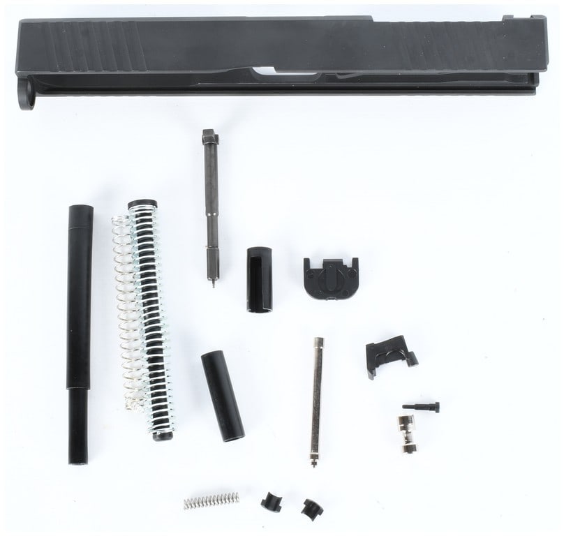 Aftermarket Glock G17 Compatible Striker Fired Pistol Slide and 12-Piece Upper Parts Kit: A collection of 13 components forming an aftermarket, Glock G17 compatible semi-automatic pistol slide and Upper Parts Kit (UPK). The primary component is a stripped metal pistol slide, consistent