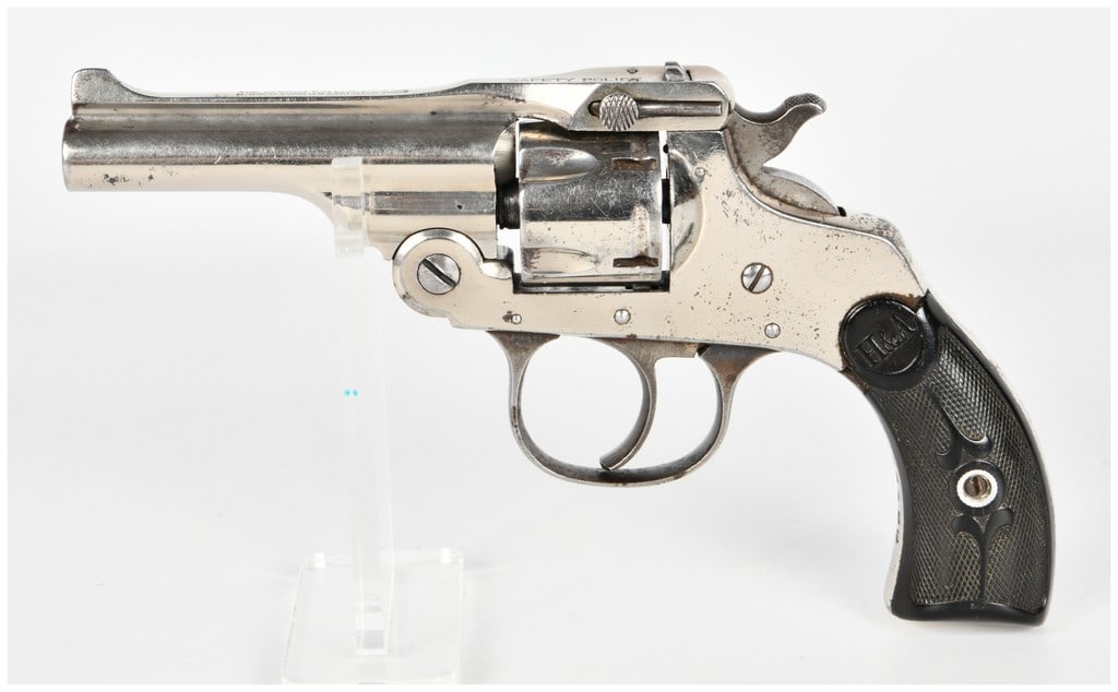 Hopkins & Allen Safety Police Top-Break Revolver, Serial G8400: Hopkins & Allen Safety Police Top-Break Revolver, Serial Number G8400. This is a vintage five-shot revolver featuring a top-break frame and exposed hammer, operating in both single and double action