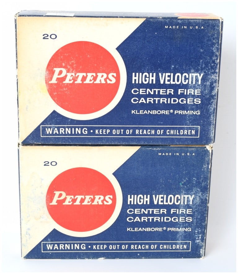 A Lot of 40 Vintage Peters High Velocity .300 H&H Magnum Ammunition: A Lot of 40 Vintage Peters High Velocity Center Fire Cartridges in .300 H&H Magnum. The lot consists of two original vintage cardboard boxes, each marked for a quantity of 20, containing the total qua