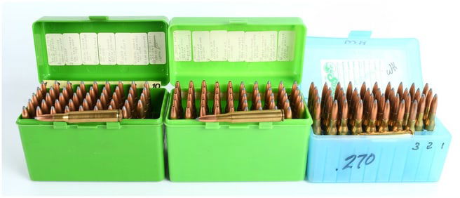 A Lot of 134 Rounds of Handloaded .270 Winchester Ammunition in Plastic Storage Containers
