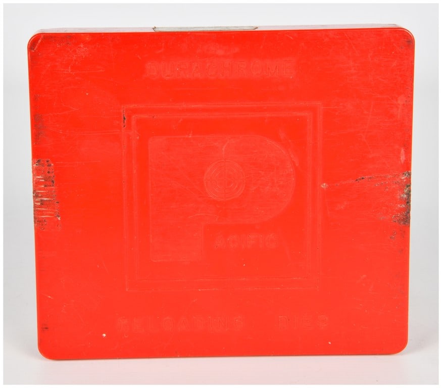 Pacific Durachrome Dies Reloading Die Set for 30/46 Caliber: A pair of Pacific Durachrome Reloading Dies housed in their original red plastic box. The dies are marked PACIFIC and DURACHROME. The box label indicates the manufacturer as Pacific Durachrome Dies,