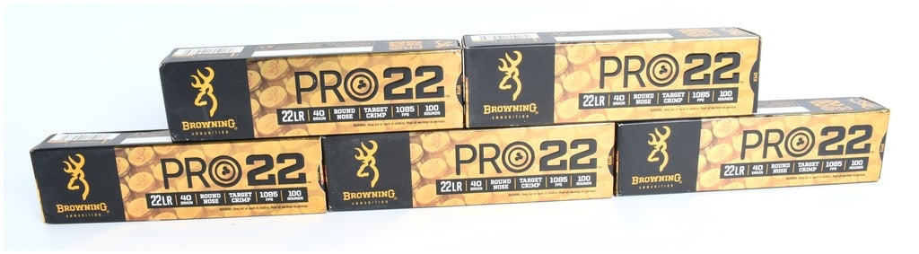 A Lot of 500 Rounds of Browning PRO-22 .22 LR Subsonic Ammunition: This lot consists of 500 rounds of Browning PRO-22 rimfire ammunition packaged in five factory boxes of 100 rounds each. The ammunition is chambered for the .22 Long Rifle (.22 LR) caliber. Each