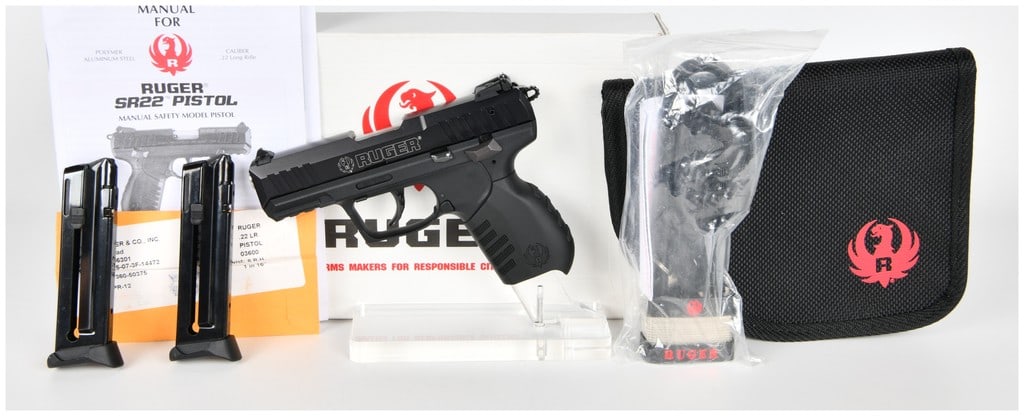 Ruger SR22P Semi-Automatic Pistol in .22 LR, Serial Number 360-50375, Lot of Two Items: This lot consists of one (1) Ruger SR22P semi-automatic pistol chambered in .22 Long Rifle (.22 LR), presented with its original factory packaging and accessories. The pistol features a black