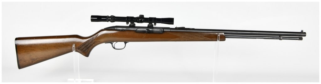 Stevens Model 887 Semi-Automatic .22 Long Rifle with Diana Scope: A Stevens Model 887 semi-automatic tube-fed rifle, manufactured by Savage Arms in Westfield, Massachusetts, U.S.A., chambered for .22 Long Rifle ammunition. The rifle features blued steel components