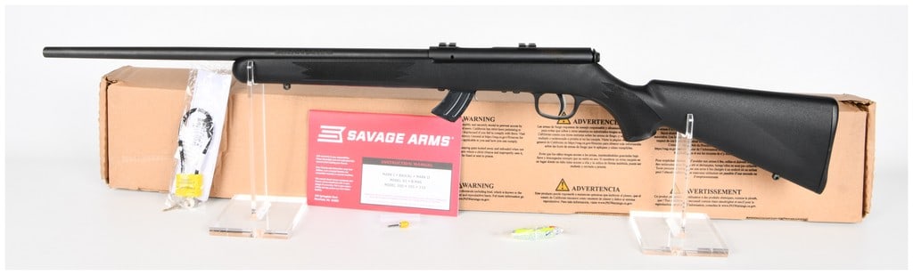 Savage Arms Mark II FNS .17 Mach 2 Bolt-Action Rifle, Serial Number 4005497: Savage Arms Mark II FNS Bolt-Action Rifle, Serial Number 4005497. This modern rimfire rifle is chambered for the high-velocity .17 Mach 2 (.17 HM2) cartridge. The rifle utilizes a bolt-action mechanis